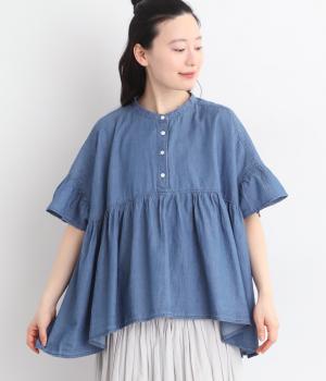 エアリーデニムギャザーブラウス(インディゴブルー-F)
