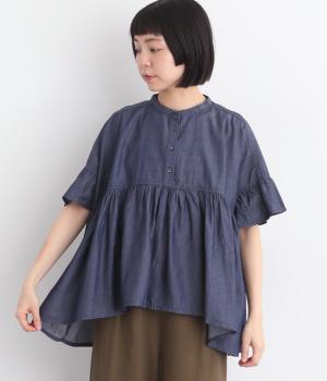エアリーデニムギャザーブラウス(インディゴネイビー-F)