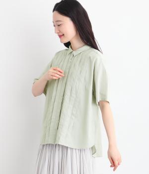 コットンリネンフロントタックブラウス(グリーン-L)