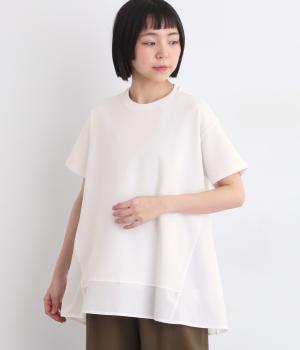 布帛コンビフレアチュニックTシャツ(オフホワイト-L)