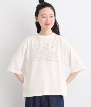 フラワーエンブロイダリーTシャツ(オフホワイト-L)