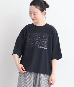 フラワーエンブロイダリーTシャツ(ネイビー-L)