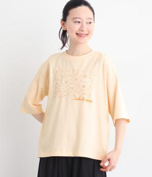 フラワーエンブロイダリーTシャツ(ベージュ-L)
