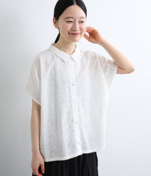 エンブロイダリーコンビ襟付きTシャツ(オフホワイト-F)