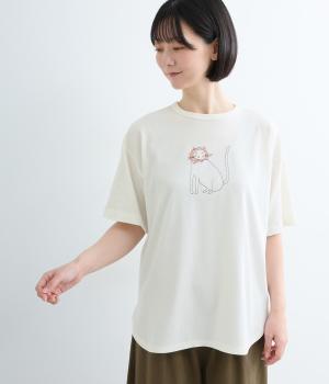 コットン天竺　ネコ刺繍Ｔシャツ(オフホワイト-L)