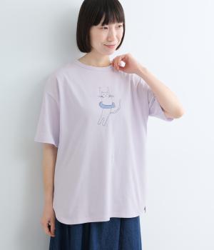 コットン天竺　ネコ刺繍Ｔシャツ(ラベンダー-L)