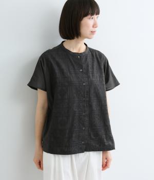 クロスステッチ刺繍スタンドカラーブラウス(チャコール-F)