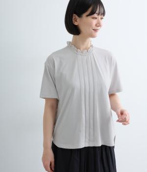コットンレーススタンドカラーＴシャツ(ライトグレー-L)