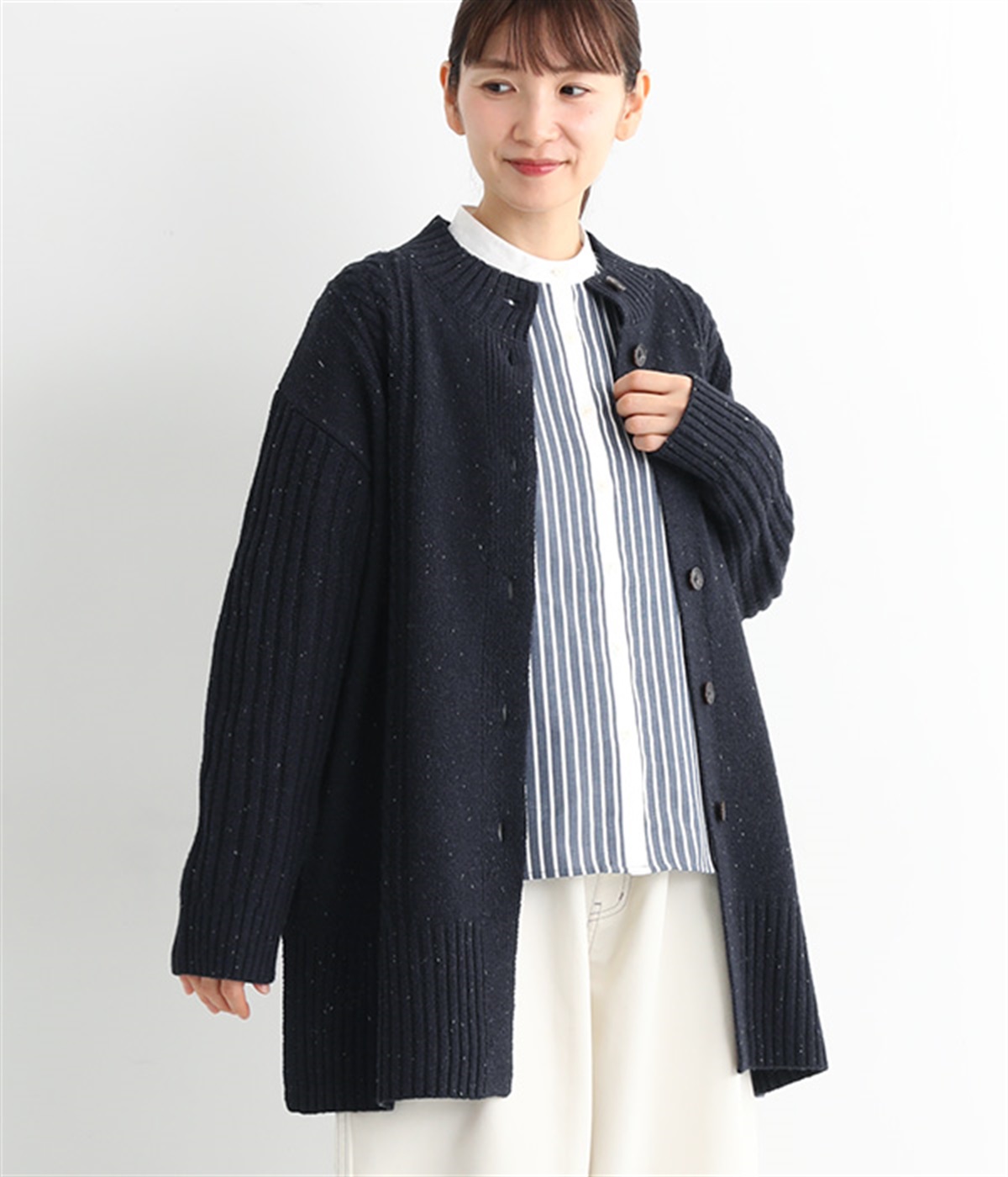 ケーブルニットロングカーディガン(ネイビー-M)