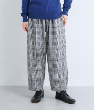 先染チェックタック入りワイドパンツ(キナリ×ブラックグレンチェック-L)