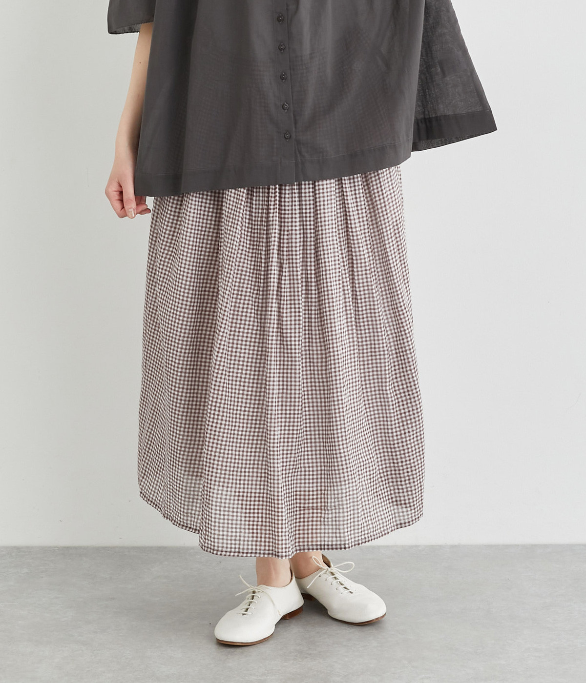 サイドリボンギャザースカート(ブラウン×オフホワイト-L)