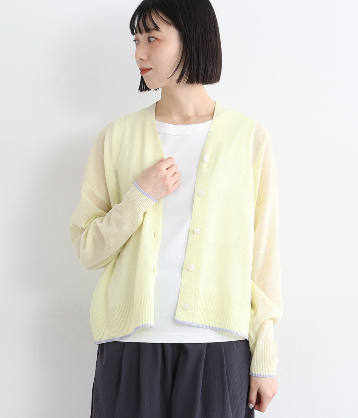 Vネックシアーカーディガン(イエロー-M)