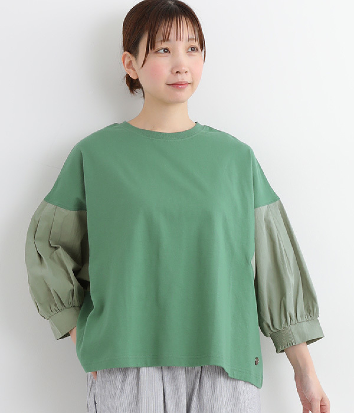スモッキングワイドスリーブTシャツ(グリーン-M)