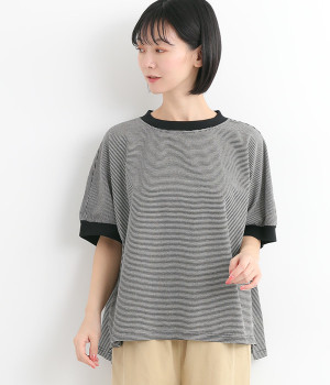 リブづかいボーダーワイドプルオーバー(ブラック×アイボリー-L)