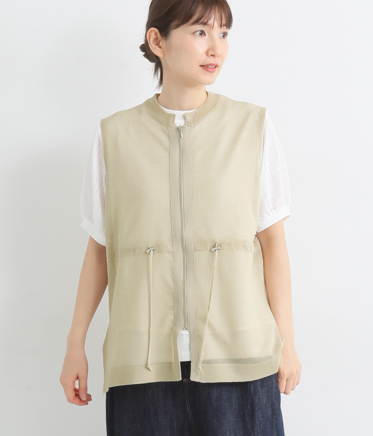 ジップアップニットベスト(ベージュ-M)
