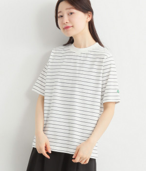 シンプルラインボーダープリントTシャツ(オフホワイト×ネイビー-L)