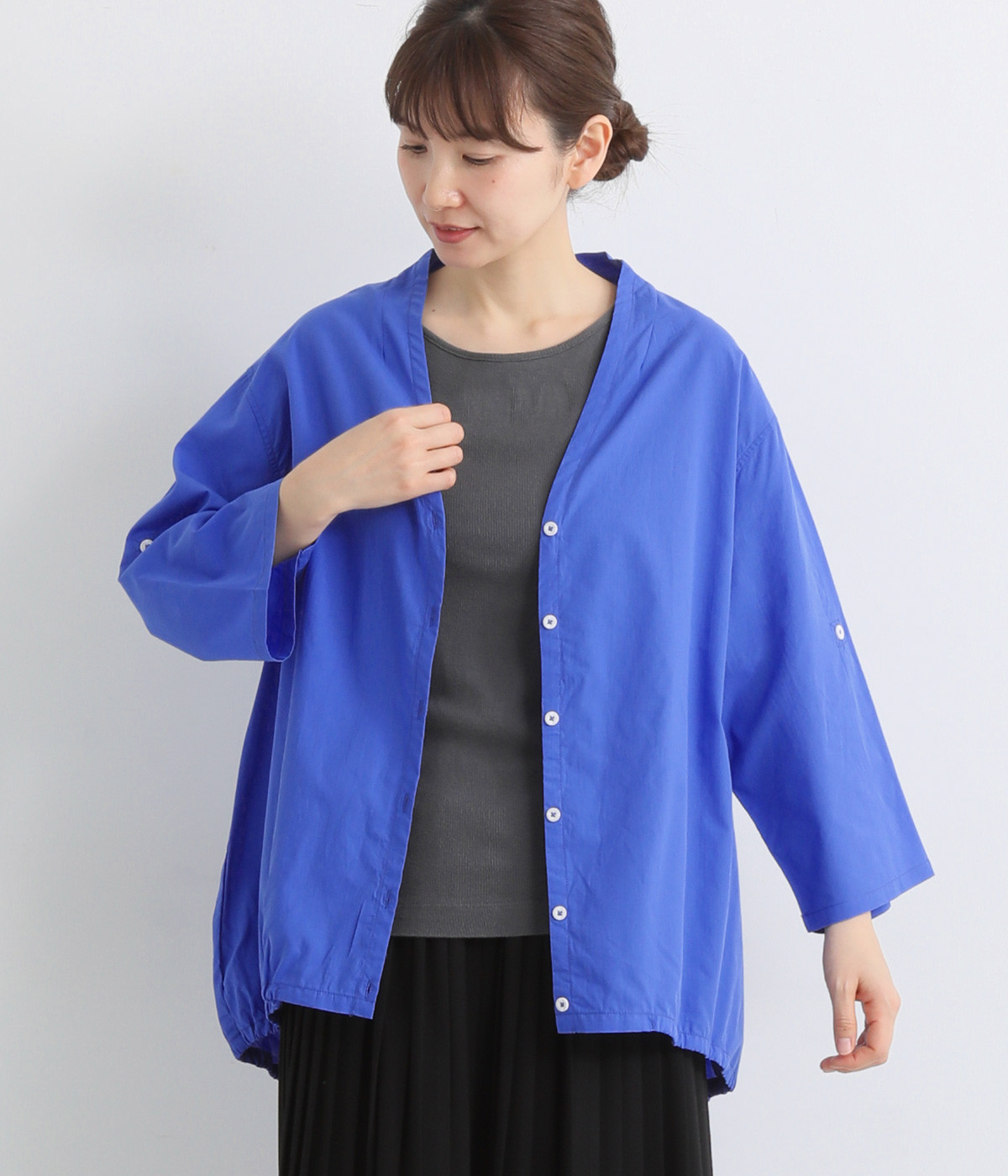 ヘムギャザーシャツカーディガン(ブルー-M)
