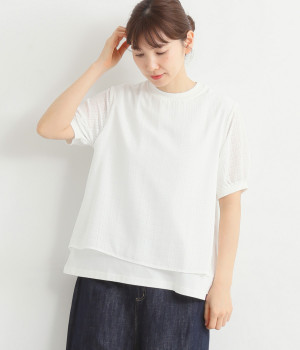 異素材レイヤード袖ふんわりプルオーバー(オフホワイト-L)