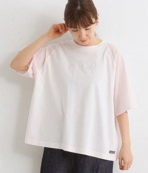 異素材フレアスリーブ刺繍プルオーバー(ピンク-L)