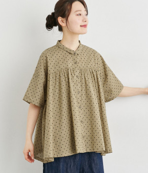 ドットプリントギャザーブラウス(ベージュ-L)