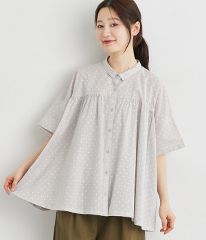 ドットプリントギャザーブラウス(ライトグレー-L)