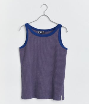 リブ編ボーダータンクトップ(ブルー×ブラウン-M)