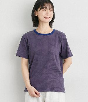 リブ編ボーダーTシャツ(ブルー×ブラウン-M)
