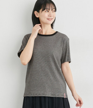 リブ編ボーダーTシャツ(ブラック×オフホワイト-L)