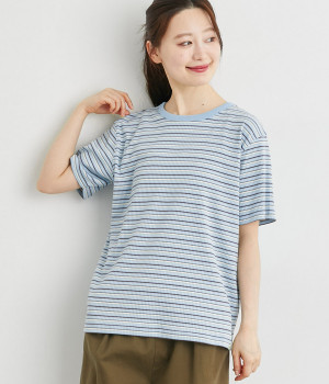 リブ編ボーダーTシャツ(ライトブルー×ブラウン-L)