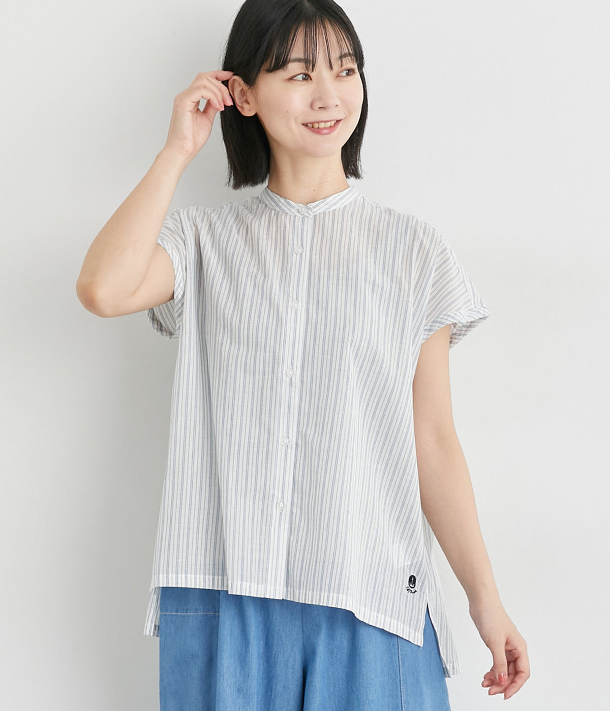 ストライプスクエアシャツ(オフホワイト×ブルー-M)