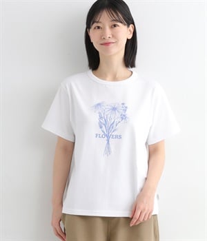 コットン花束プリントTシャツ(オフホワイト-M)
