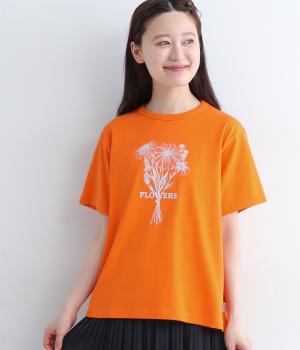 コットン花束プリントTシャツ(オレンジ-L)