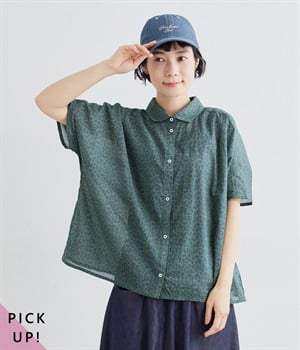 コットンフラワープリントワイドブラウス(グリーン-M)