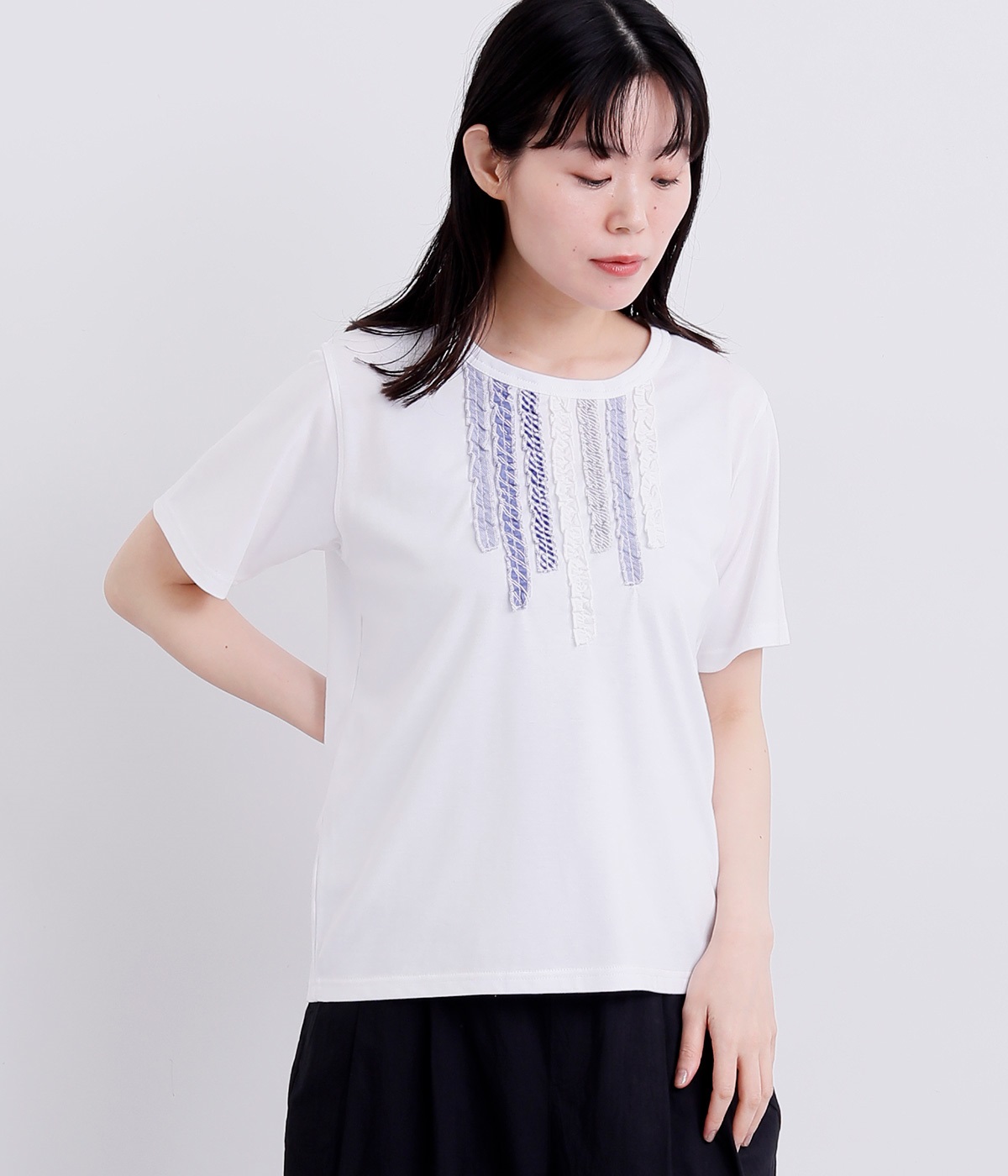 フリル飾りTシャツ(オフホワイト-M)