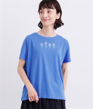 鉢植えプリント×刺繍Tシャツ(ブルー-M)