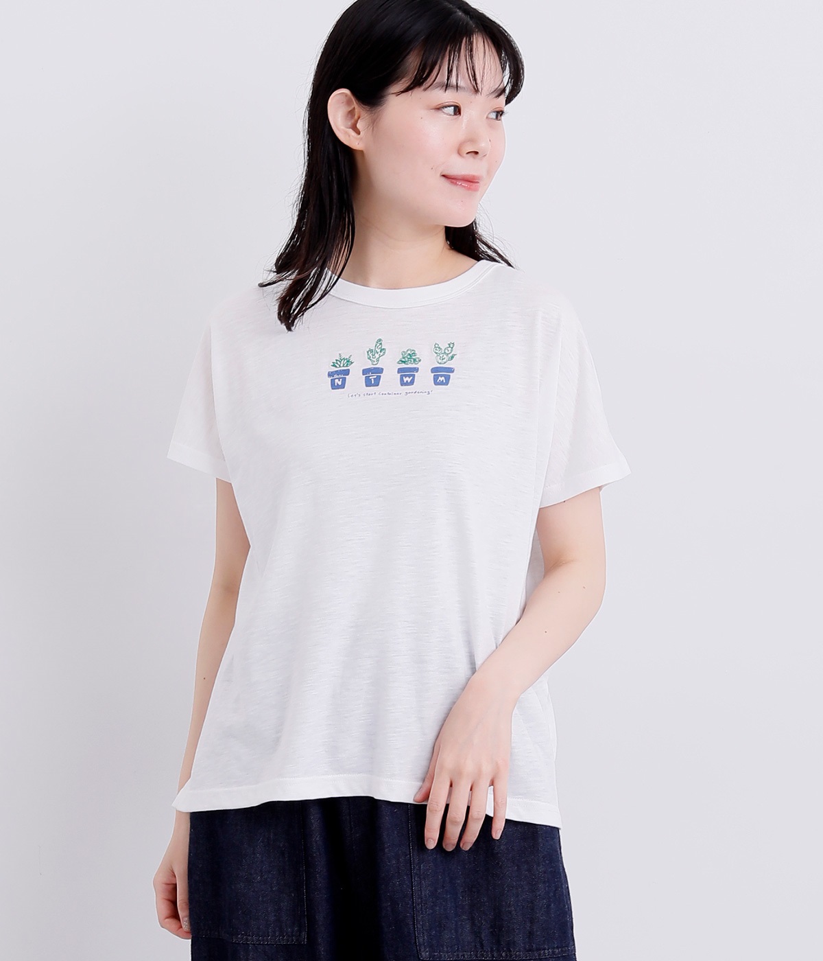 鉢植えプリント×刺繍Tシャツ(オフホワイト-L)