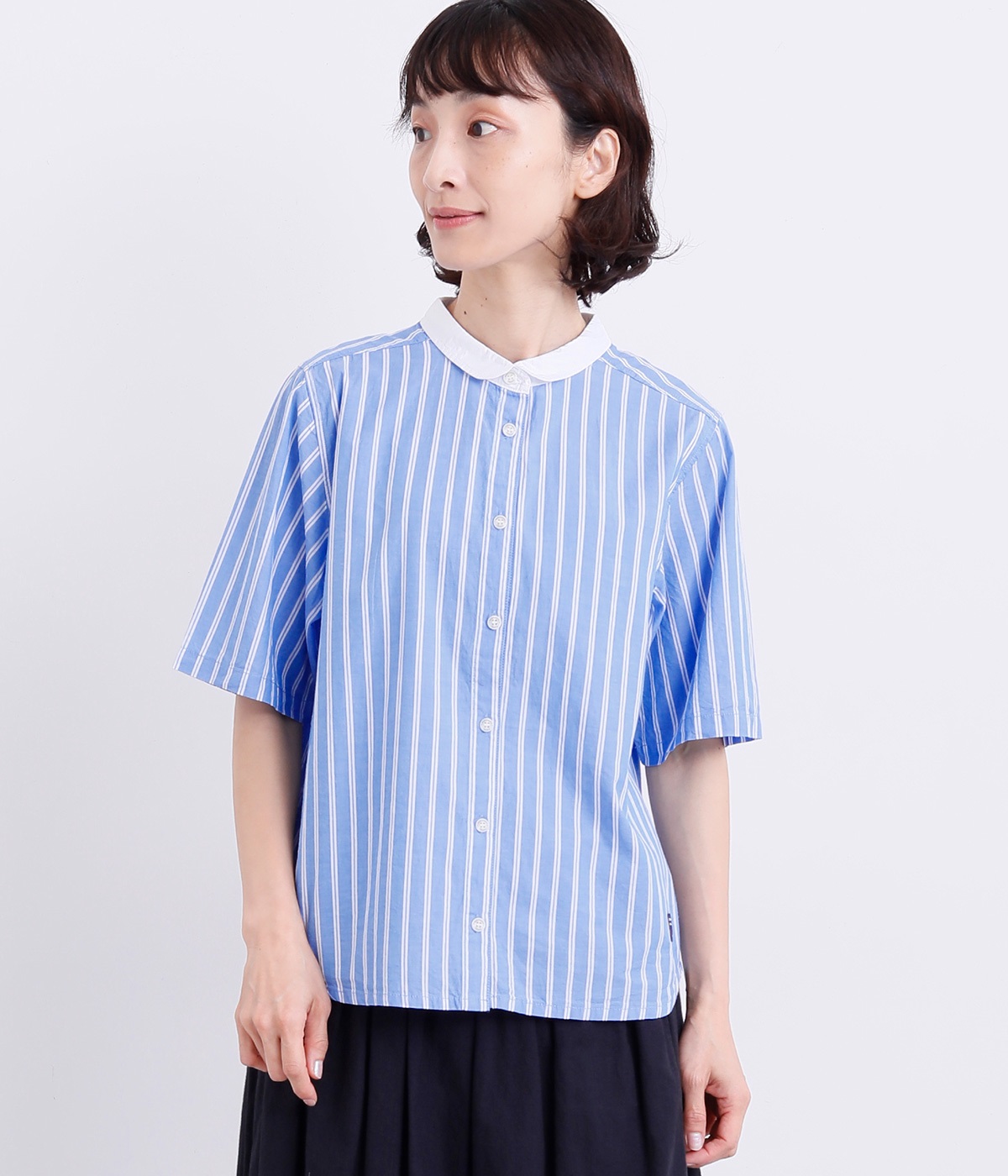 コットンストライプクレリックシャツ(ブルー×オフホワイト-M)