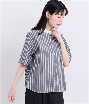 コットンストライプクレリックシャツ(ブラック×オフホワイト-L)