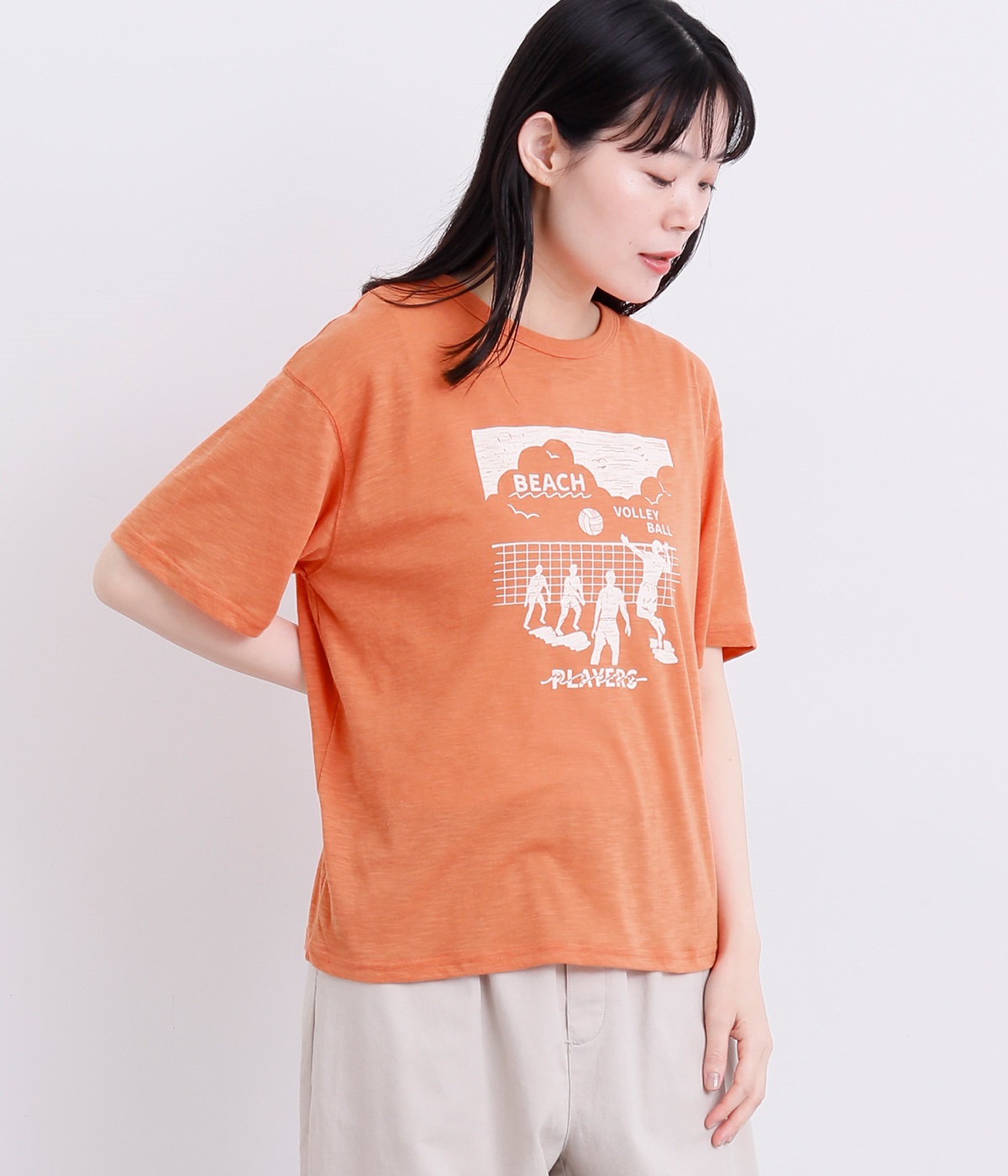 ビーチバレーボールプリントTシャツ(オレンジ-M)