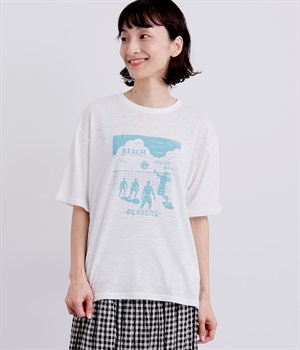 ビーチバレーボールプリントTシャツ(オフホワイト-L)