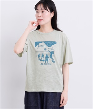 ビーチバレーボールプリントTシャツ(ライトグリーン-L)