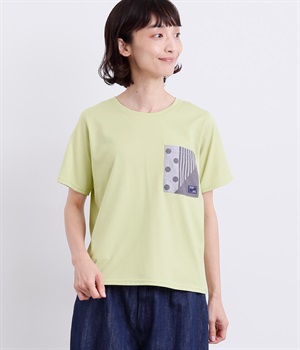 パッチワークプリントポケットTシャツ(ライトグリーン-M)