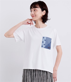 パッチワークプリントポケットTシャツ(オフホワイト-L)