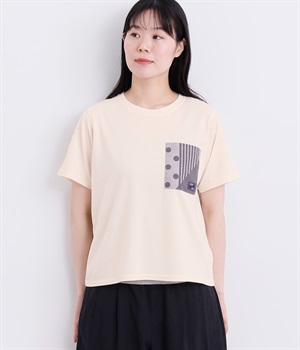 パッチワークプリントポケットTシャツ(アイボリー-L)