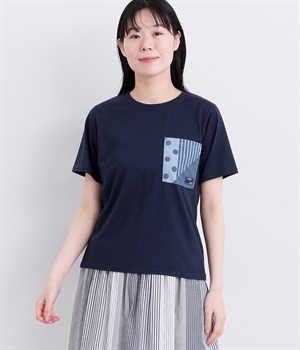 パッチワークプリントポケットTシャツ(ネイビー-M)