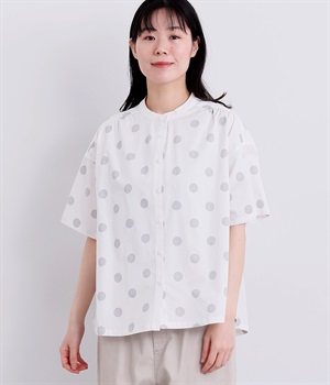 コットンドットプリントバンドカラーシャツ(オフホワイト-L)