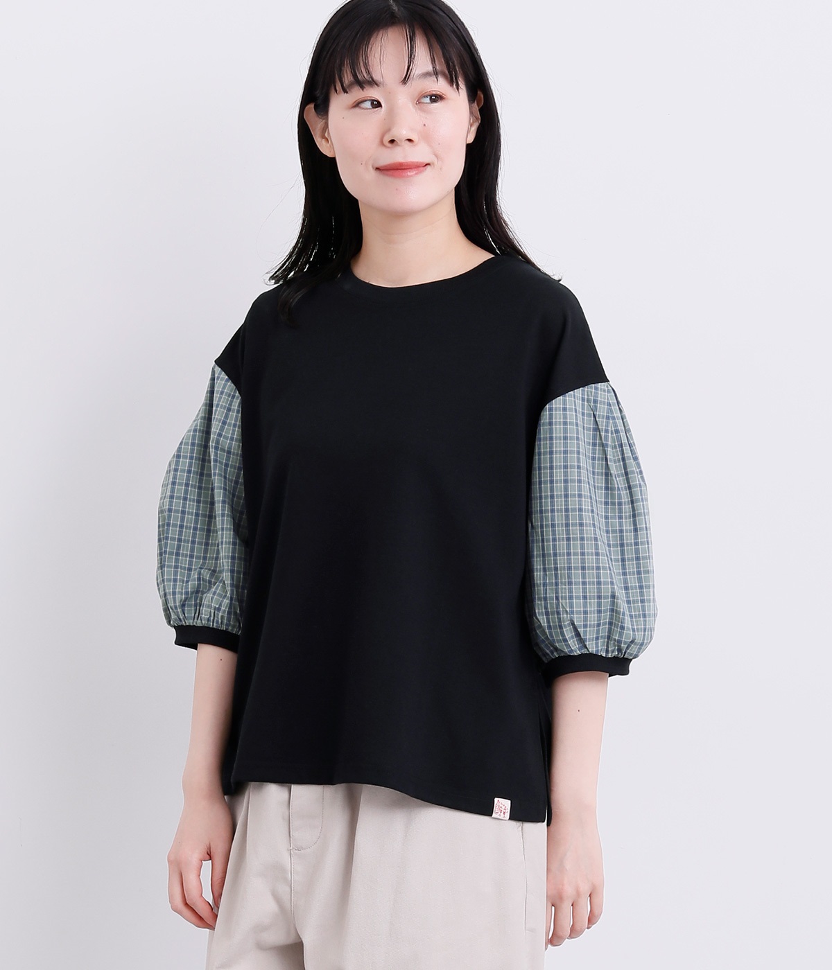 異素材スリーブロングTシャツ(ブラック-L)