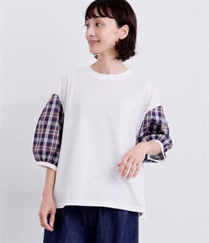 異素材スリーブロングTシャツ(オフホワイト-L)