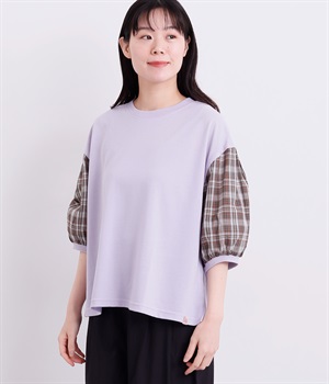 異素材スリーブロングTシャツ(ラベンダー-L)