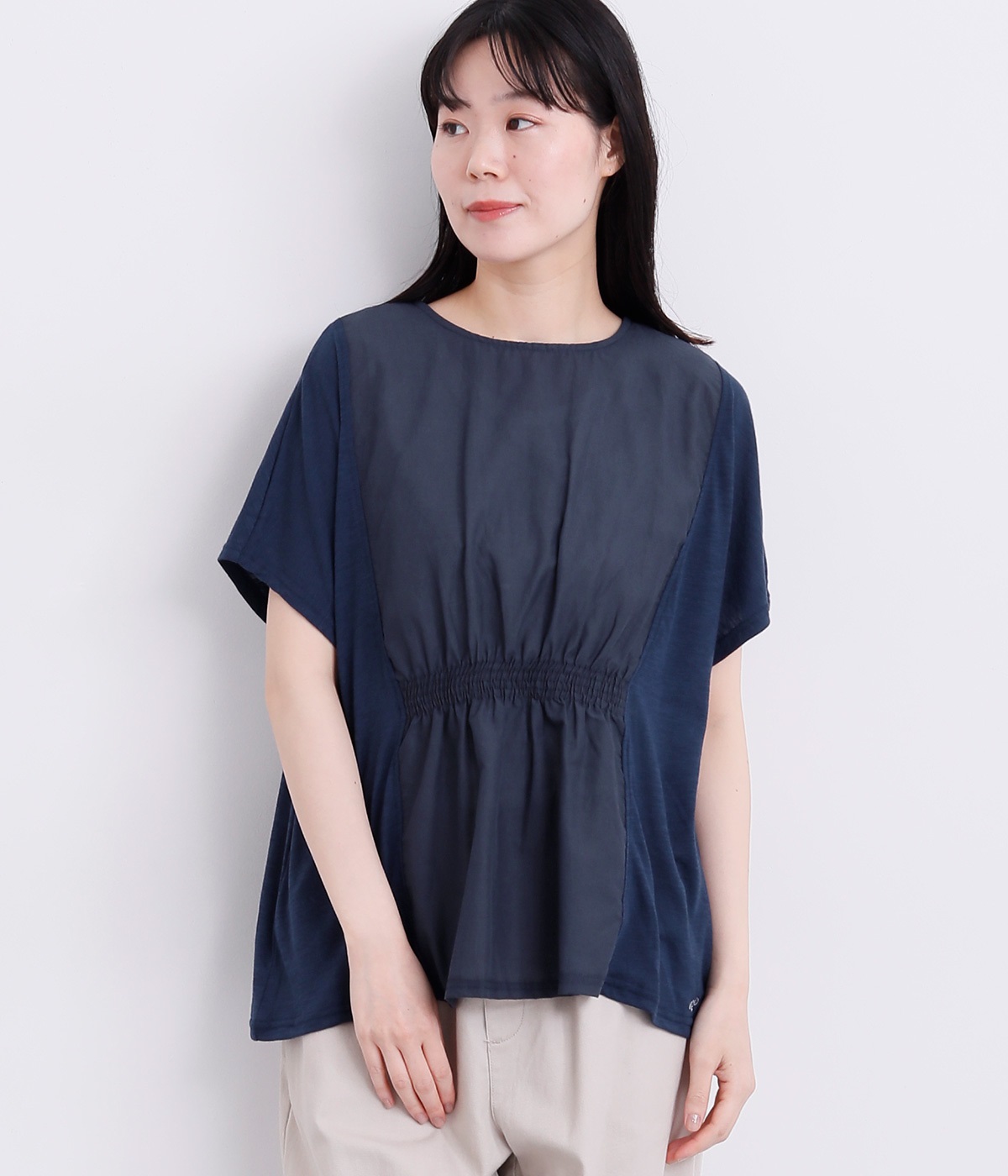 ウエストギャザースクエアTシャツ(ネイビー-L)